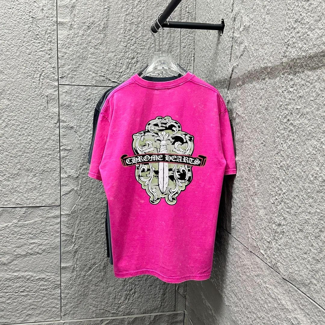 🅿️180 CH* Crow Heart* 2025 spring and summer new style Snowflake distressed washed retro round neck short sleeves Chest and front logo Front and back cross horseshoe print Customized fabric Short-sleeved T-shirt Unisex Size: S M L XL XXL Color: Snowflake Black Snowflake Gray Snowflake Pink Snowflake Blue